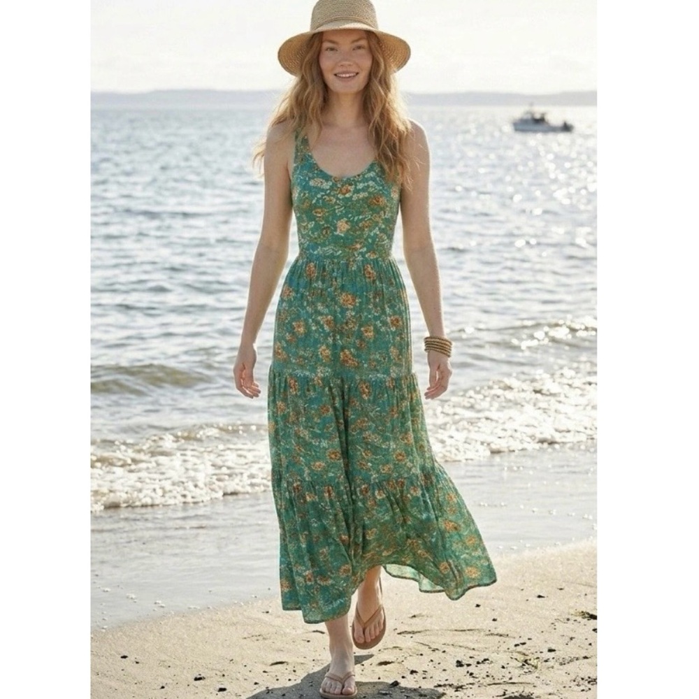 Peruvian Connection Jade Garden Dress Floral Green Tiered Boho Cottage Core M - Picture 4 of 6